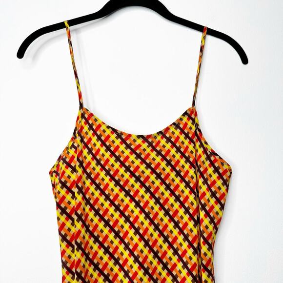 LHD Silk Slip Mini Dress in Retro Orange Brown Plaid Print Size US 6 - Picture 2 of 7